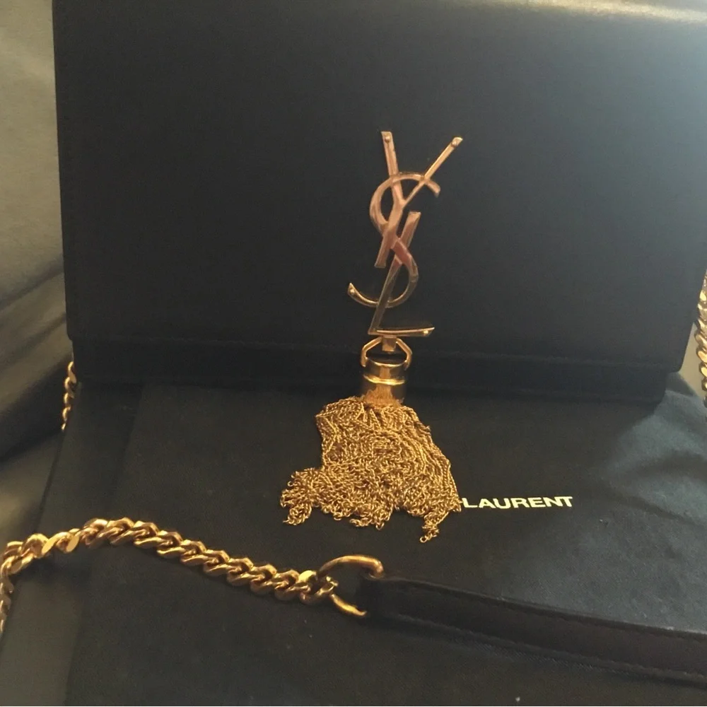 Saint Laurent Black Leather Monogram Tassel Crossbody with Gold Chain